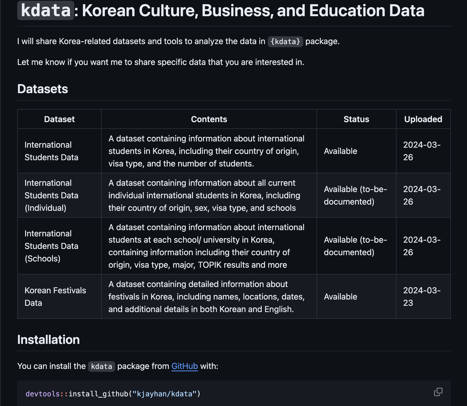 `kdata`: Korean Culture, Business, and Education Data